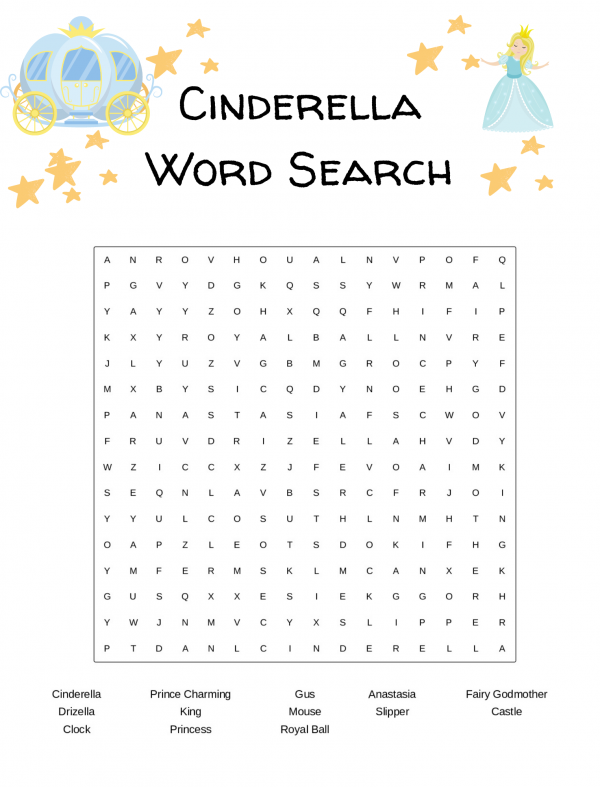 Cinderella word search free pdf printable download for kids of all ages