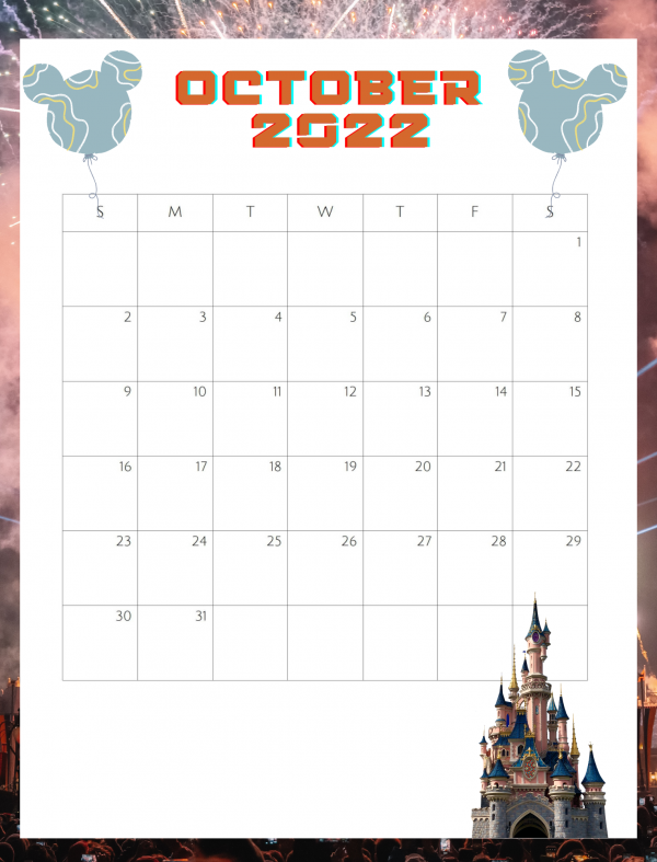 Disney themed calendar printable October 2022 disney castle