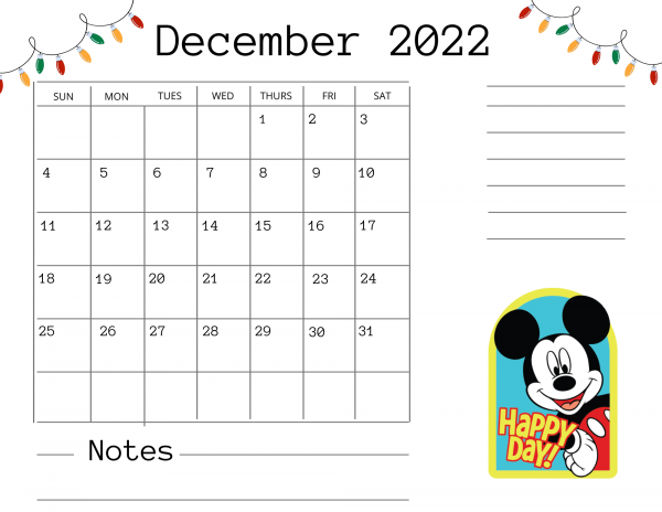 disney printable calendar December 2022