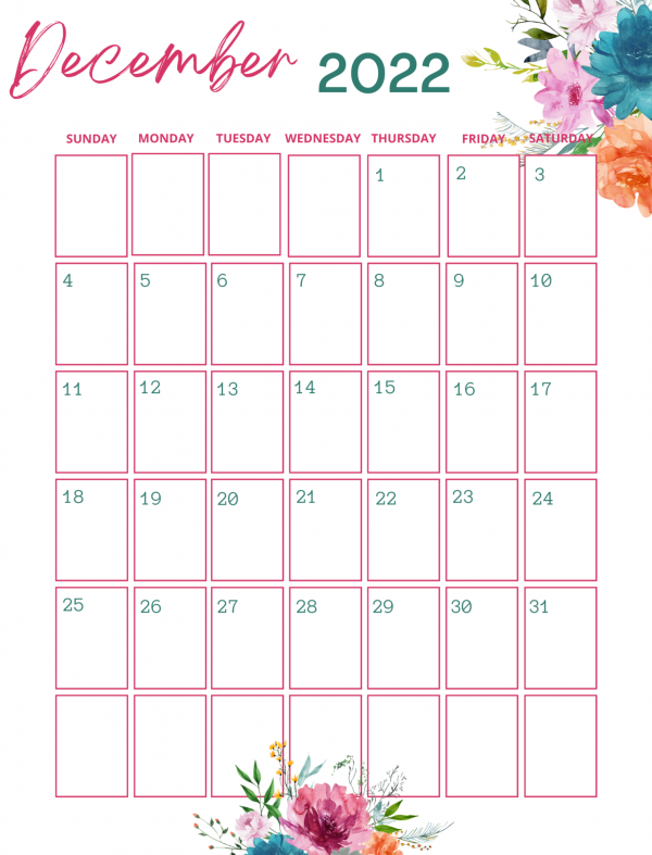 floral printable December monthly calendar 2022