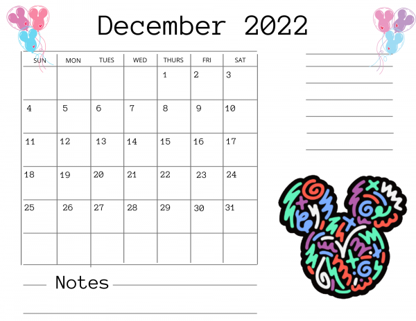 disney printable calendar December 2022