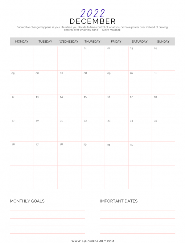 monday start printable calendar December 2022 black and white calendar free printable