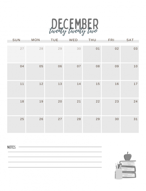 black and white December 2022 calendar printable