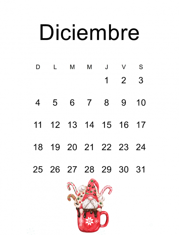 Spanish printable calendar December 2022