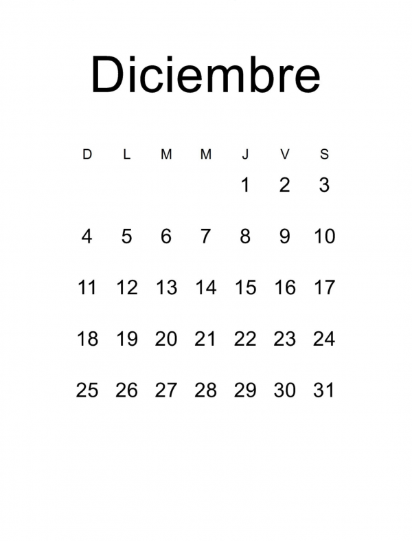 black and white Spanish calendar December 2022