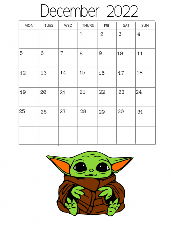 baby yoda printable December calendar