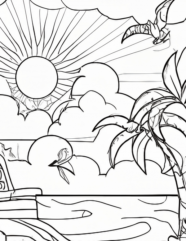 A coloring page of a beautiful view on the beach with a sand castle, an umbrella, birds, and clouds and the sun.