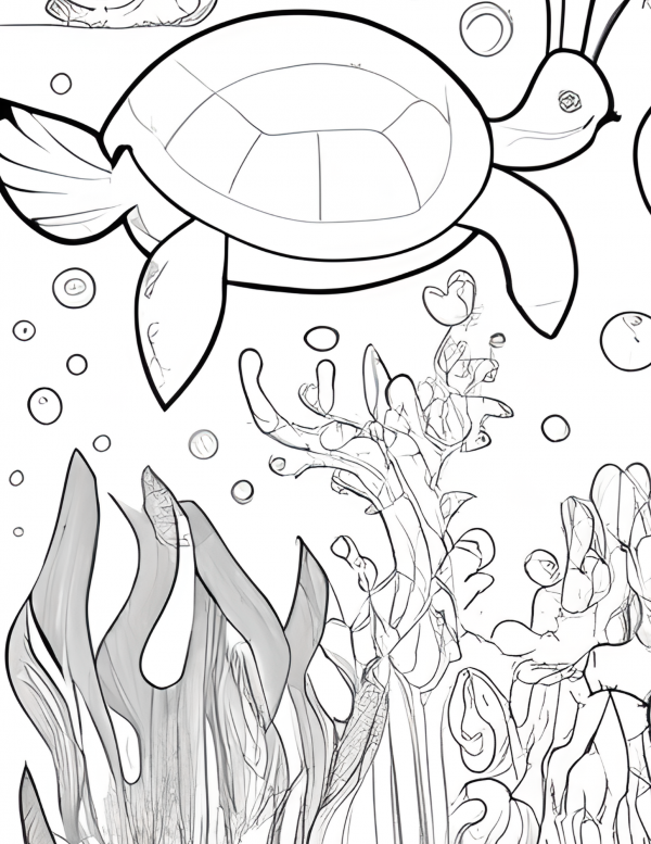 Turtle coloring page with coral reef background