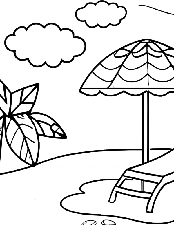 beach lounge chair under umberella on sand coloring page