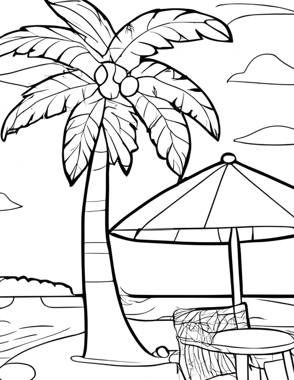 a big umbrella shading a chair beside a sand castle and other accessories on the beach.