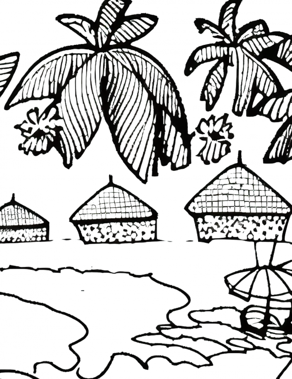 An illustration of Tiki hut houses on the sand near the ocean coloring page