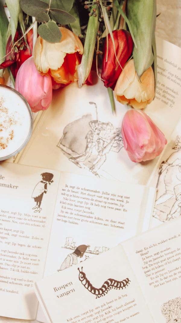 Vintage books with tulips aesthetic