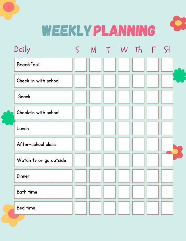 free printable weekly planning page for kids teens to organize their week