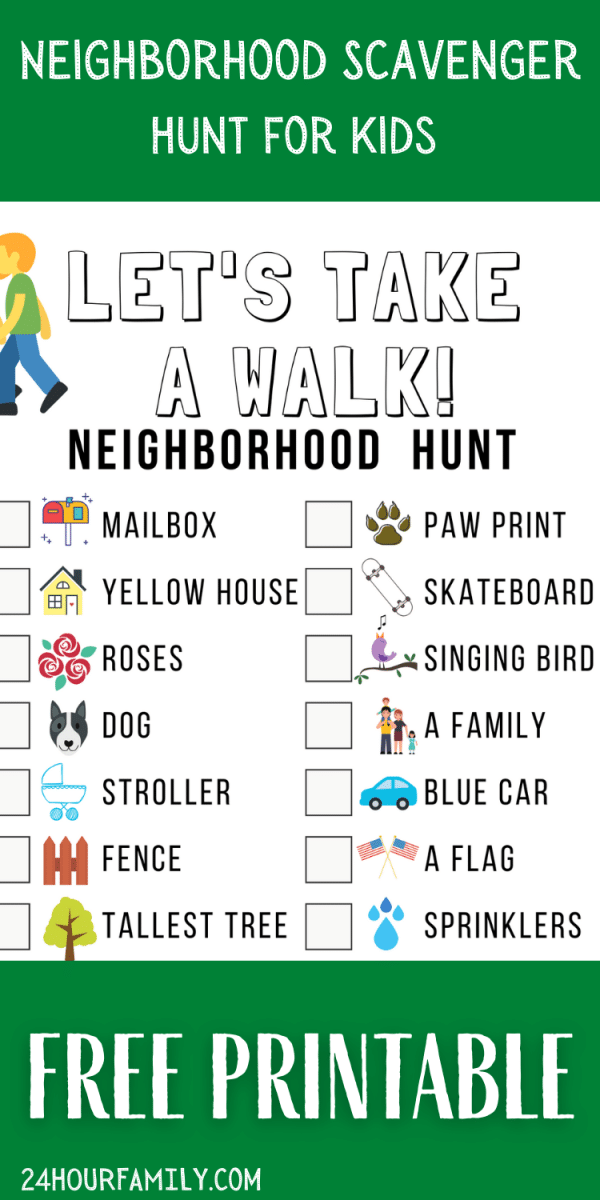 neighborhood scavenger hunt for kids let's take a walk