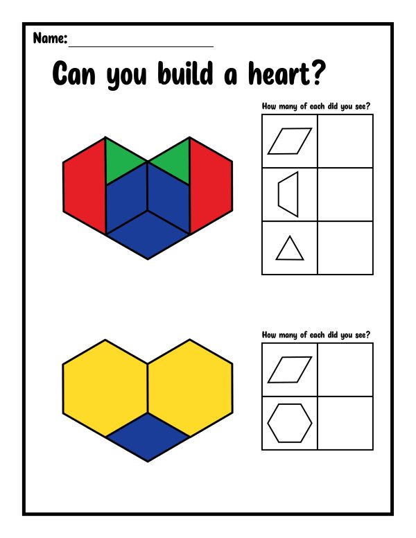 can you build a heart? pattern blocks printable for kids