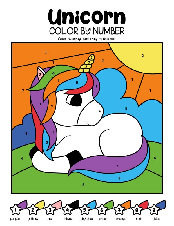 color by number unicorn perfect for preschool, kindergarten learn colors