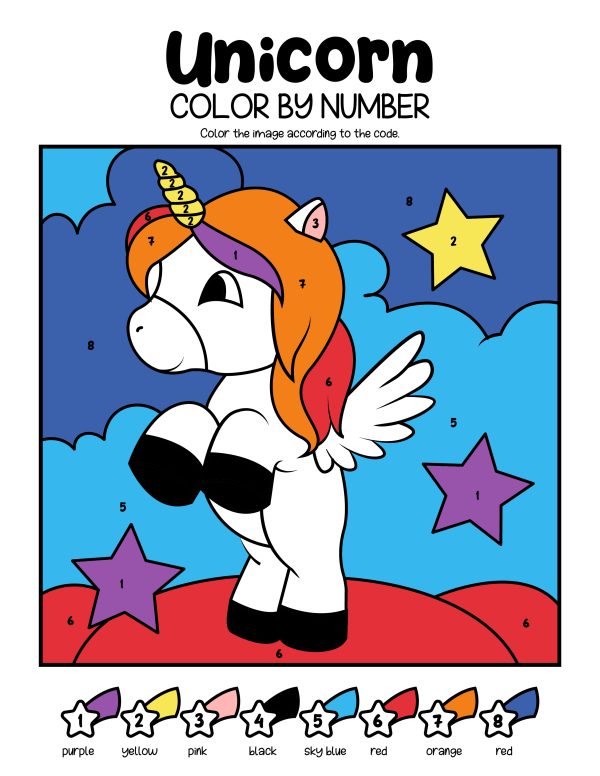 color by number unicorn perfect for preschool, kindergarten learn colors