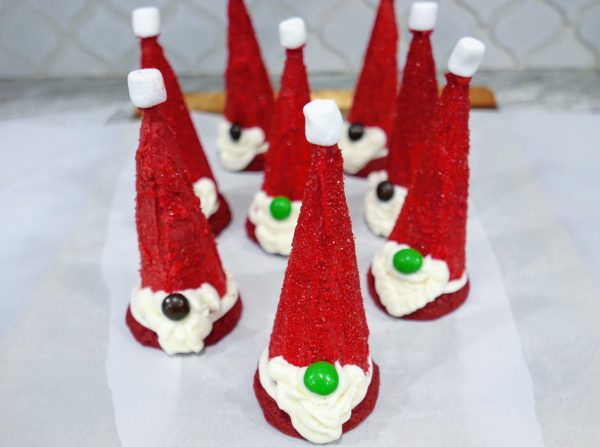 santa gnome dessert board cookies with gnome hat