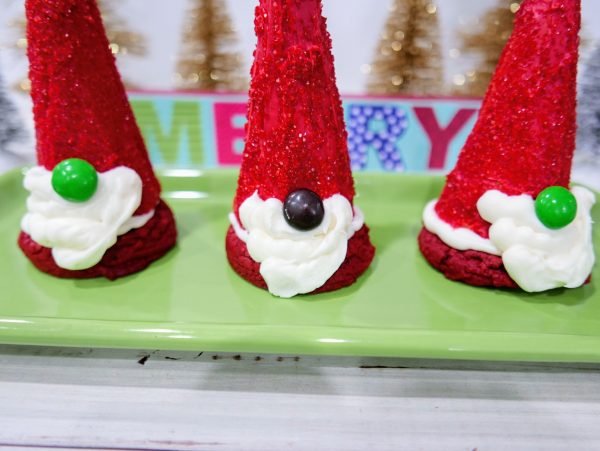 red velvet cookies with gnome hats
