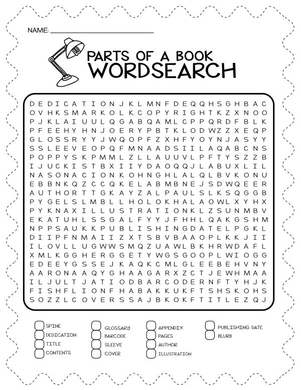 parts of a book word search printable