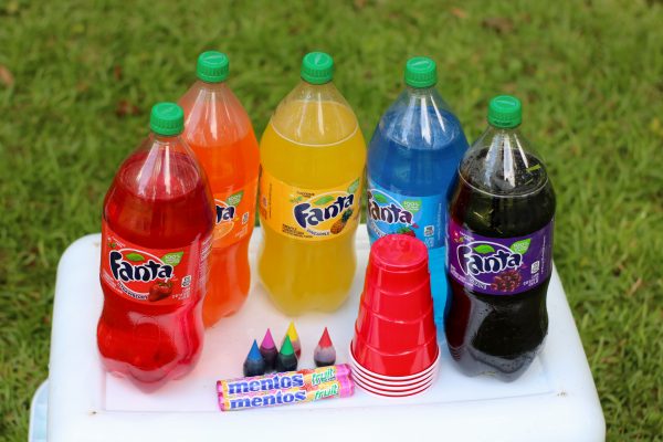 supplies needed for a STEM Experiment with mentos and rainbow soda fanta