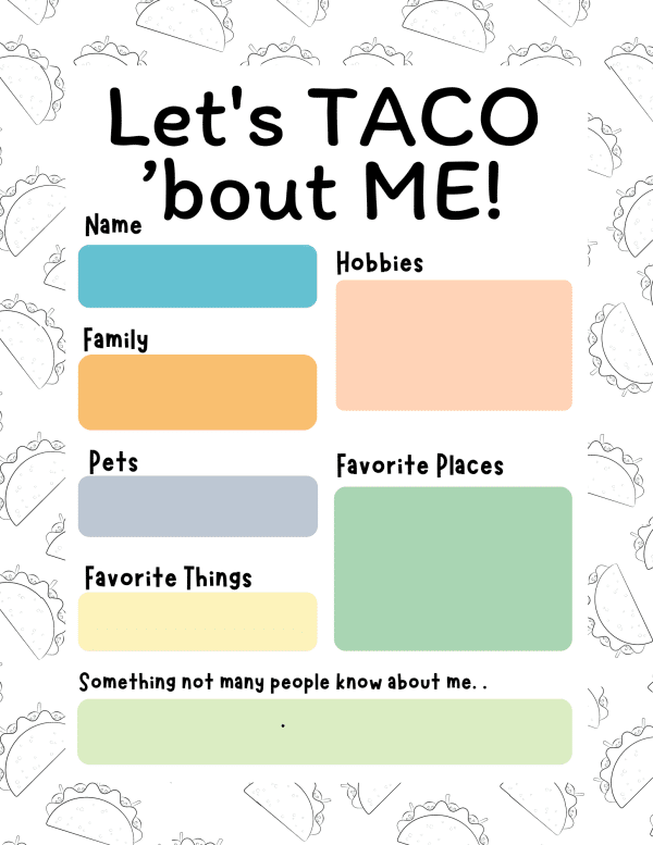let's taco about me worksheet free printable pdf for adults