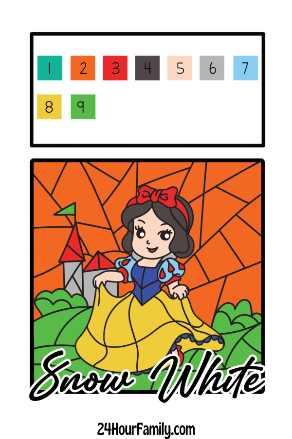 Snow White color by number free printables