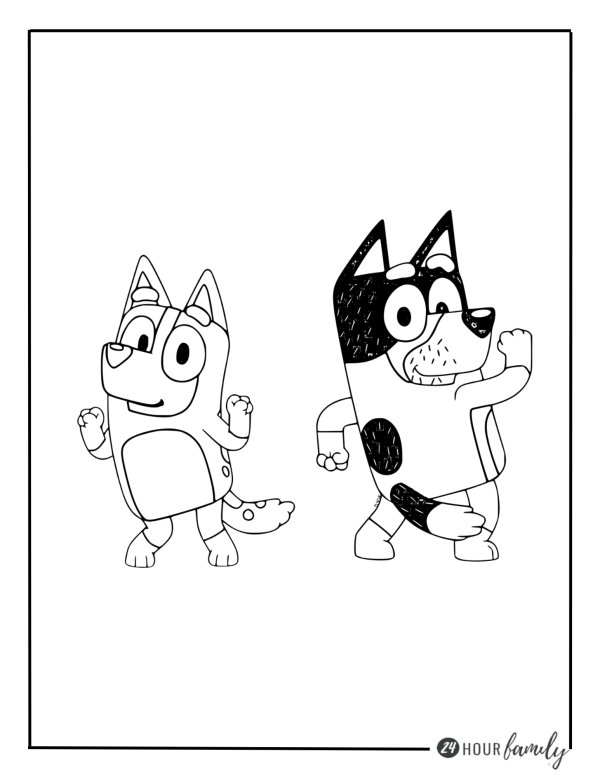 Coloring page of Bingo and BLuey cartoon characters