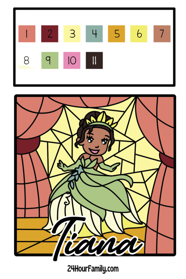 Tiana color by number coloring pages free printable