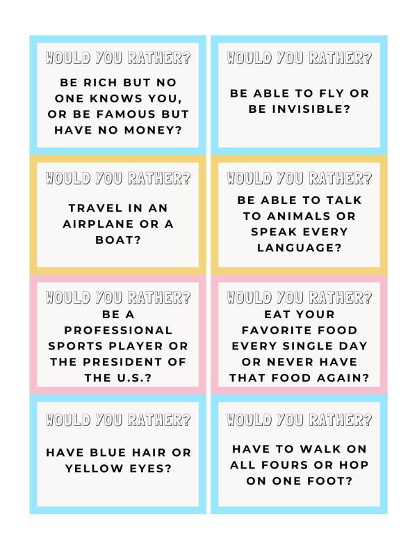 Game cards with questions on wealth, powers, travel, careers, and quirky personal choices