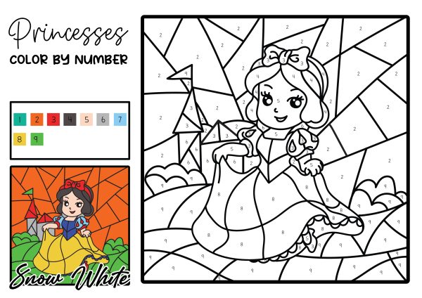 Snow white color by number free printable pdf