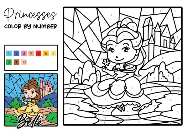 Princess belle coloring pages color by number free printables pdf