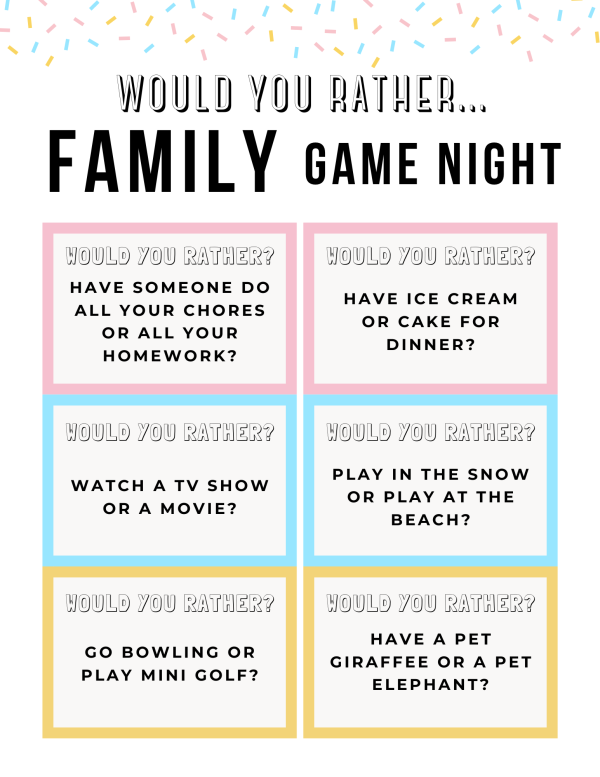 Cover page for 'Family Game Night' featuring 'Would You Rather' questions on colorful cards