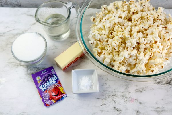 ingredients for colorful and tasty treat Kool-Aid Popcorn Recipe a fun craft for kids