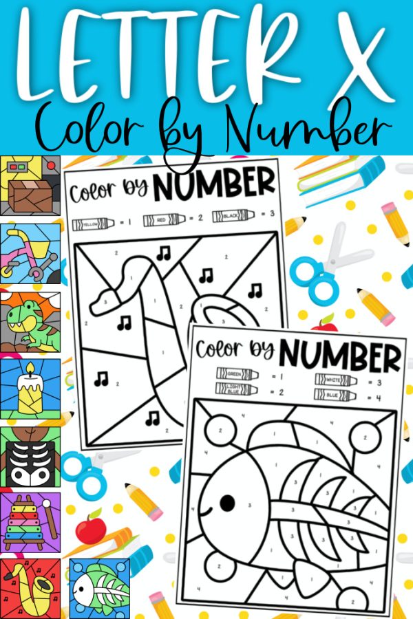 Letter X Color by Number poster with  illustrations. White background with colored pencils, crayons