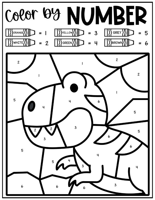 Dragon "Color by Number" sheet with a 1-6 color key: orange, white, yellow, green, grey, brown