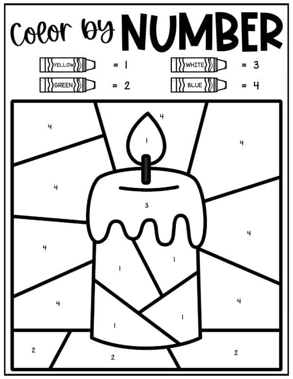Lit candle "Color by Number" design with a 1-4 color key: yellow, green, white, blue