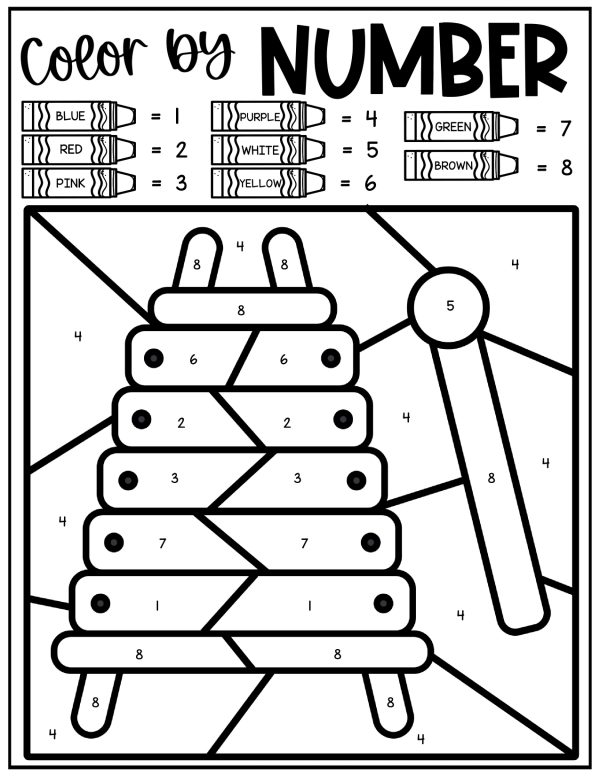 Xylophone Color by Number design with a 1-8 color key blue red pink purple white yellow green brown