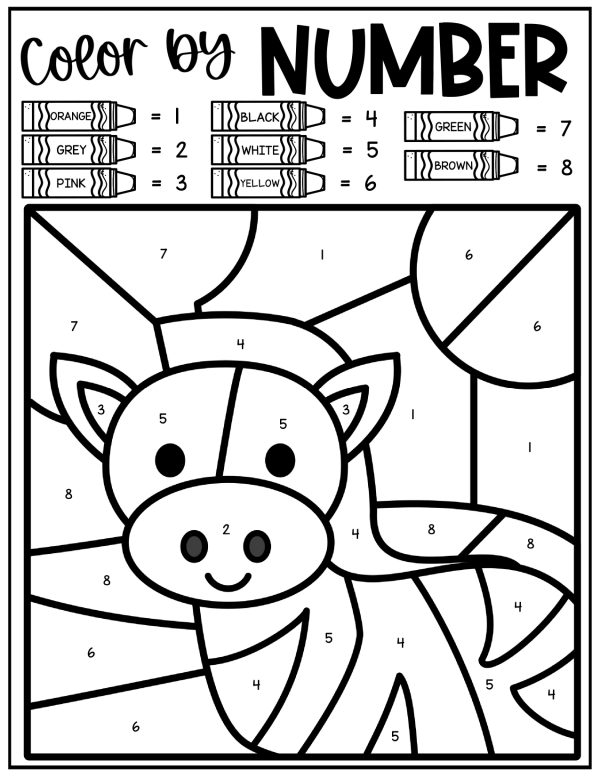 Zebra with numbered sections for coloring guide orange grey pink black white yellow green and brown, LETTER Z - Color by Number poster with zipper and ZOO designs on pink and white stripes, Color by Number Printables, Coloring Sheets, Color by Letter Alphabet, Color by Code Pages