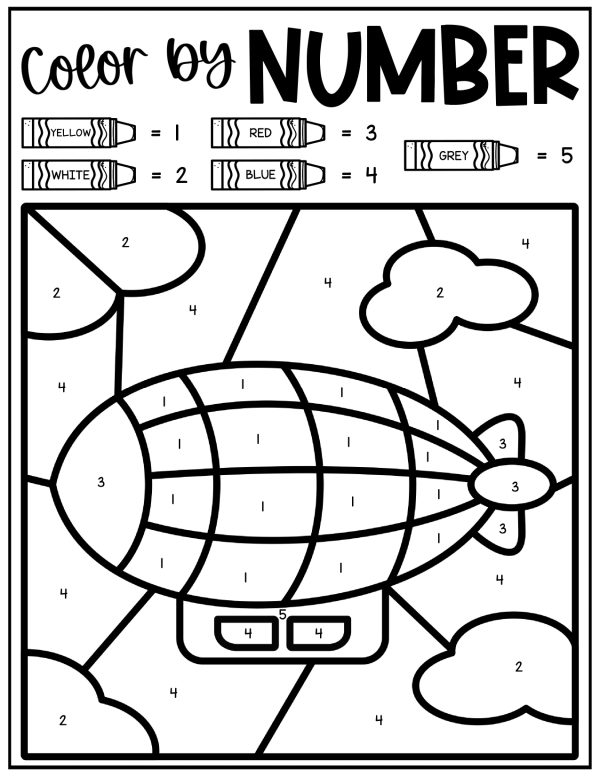 Outlined airship with numbered sections for coloring; yellow, white, red, blue, grey guide above, LETTER Z - Color by Number poster, Color by Number Printables, Coloring Sheets, Color by Letter Alphabet, Color by Code Pages