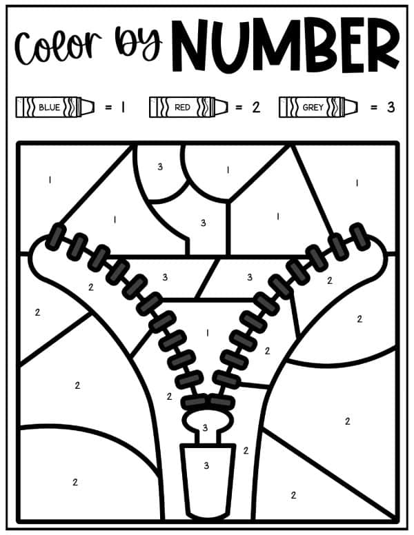 Jacket outline with numbers for color-by-number activity: blue, red, grey.
LETTER Z - Color by Number poster with zipper and ZOO designs on pink and white stripes, Color by Number Printables, Coloring Sheets, Color by Letter Alphabet, Color by Code Pages