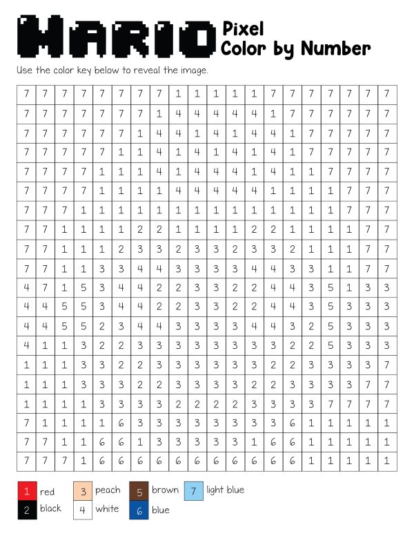 super mario pixel color by number for kids