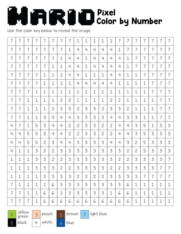 super mario luigi pixel color by number for kids