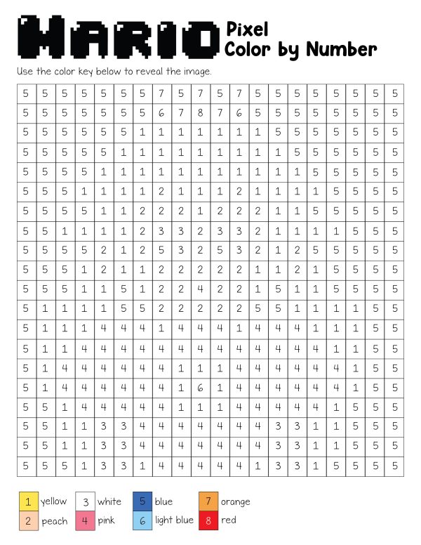 super mario princess peach pixel color by number for kids