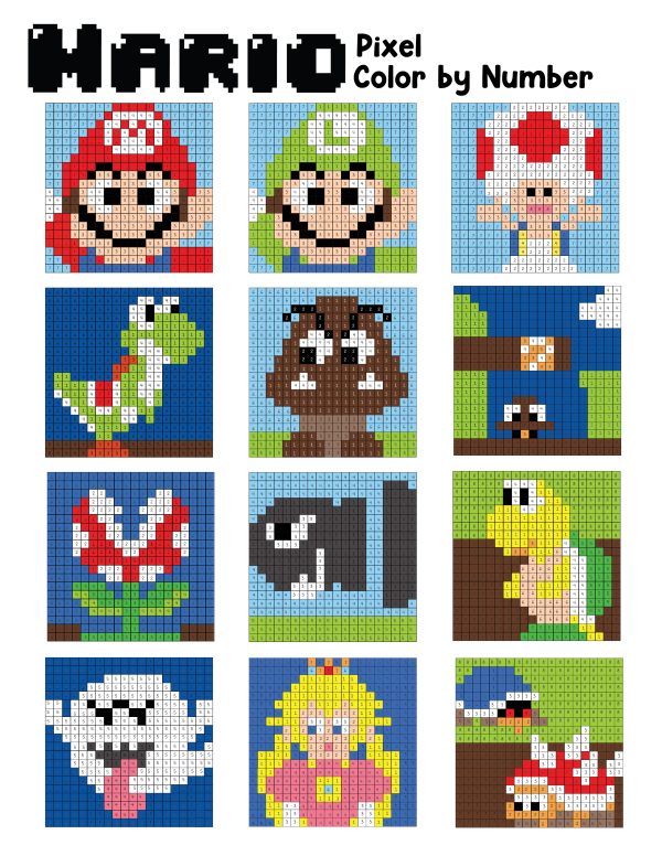 super mario and friends pixel color by number for kids