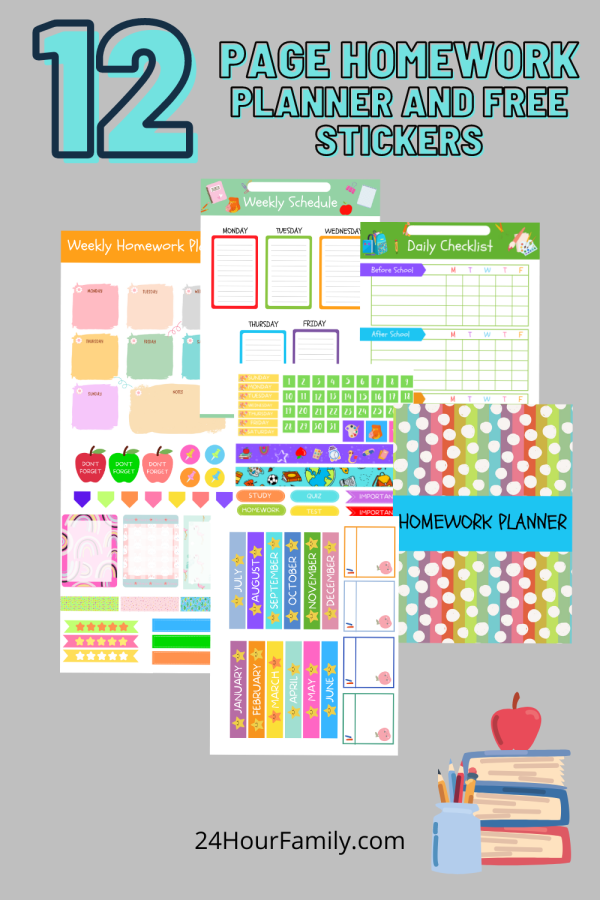 12 page homework planner printable with free school planner stickers