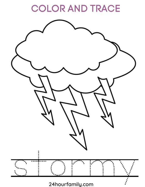 color and trace storm clouds with lightning coloring page