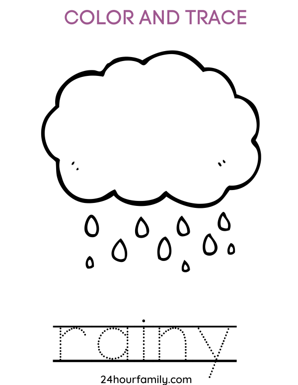 color and trace the word rain and color rain clouds worksheet