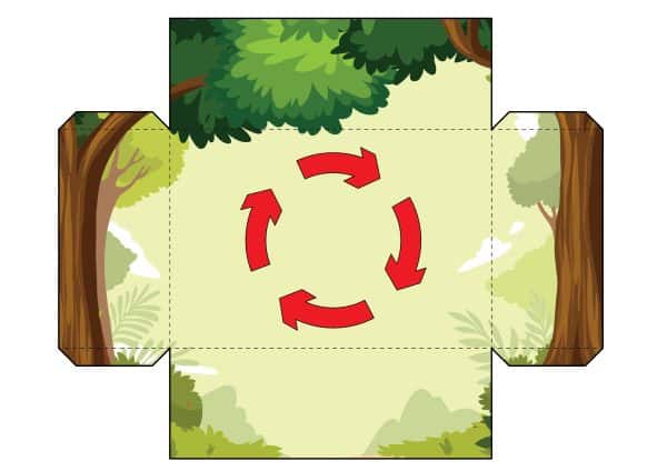 Printable cut-out for a 3D diorama base featuring forest scenery and a life cycle arrow symbol