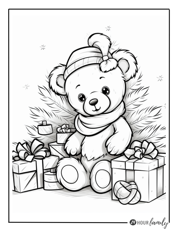 Teddy Bear in front of a Christmas tree coloring pages